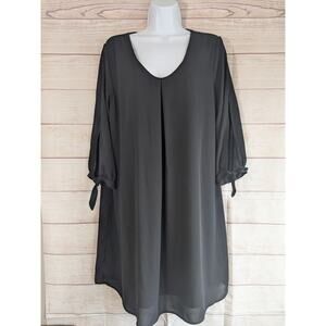 MauricesDress Womens L Black Tie Sleeve Pleated Shift V-Neck Flowy Solid Chiffon
